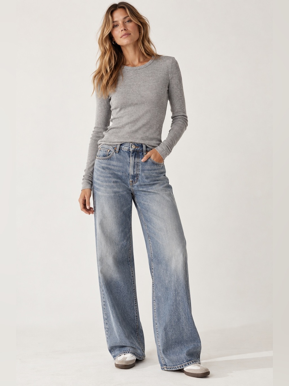 Agolde Delphi ribbed knit long sleeve top in Heather gray NWOT luxe basics